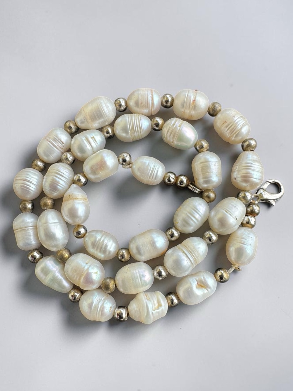 Vintage Baroque Freshwater Pearl & Silver-Tone Bead Necklace - 17”